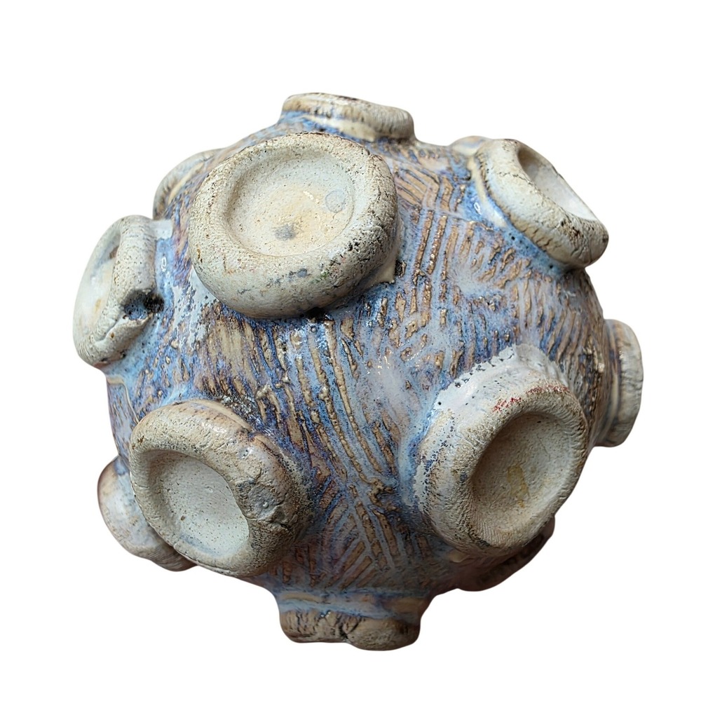 Studio Pottery Ceramic Orb Cratered Barnacle Sphere Blue Beige Art Decor 4" G1